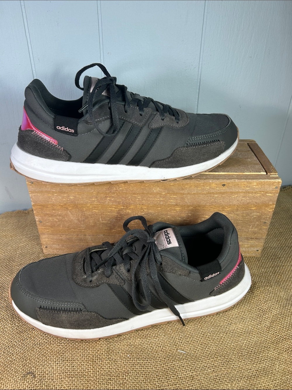 adidas Retrorun Gray Sneakers with Pink Heel Accent